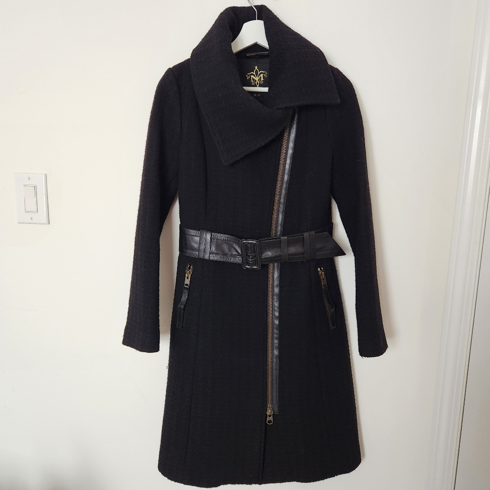 Mackage wool belted leather-trim coat Xs